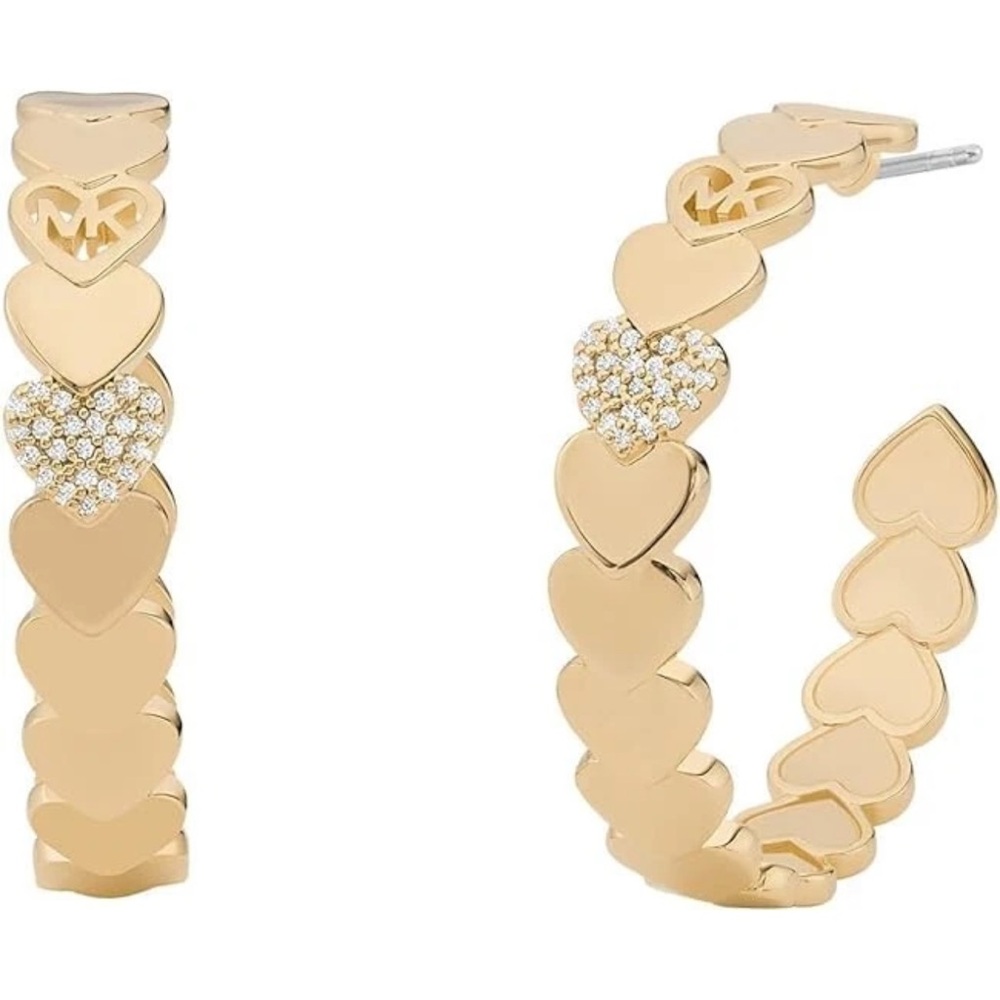 MICHAEL KORS MULTI HEART SHAPE GOLD TONE,CZ CRYSTAL HOOP EARRINGS